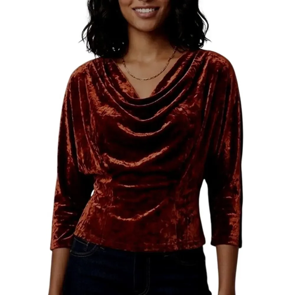 A.L.C. Miller Crushed Velvet Top 0 Cognac Brown Dolman Sleeve Soft Drapey Earthy